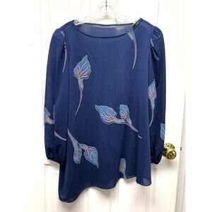 Vintage Navy Blue Calla Lily Blouse Hand Crafted Unique Asymmetrical Hem Size 12